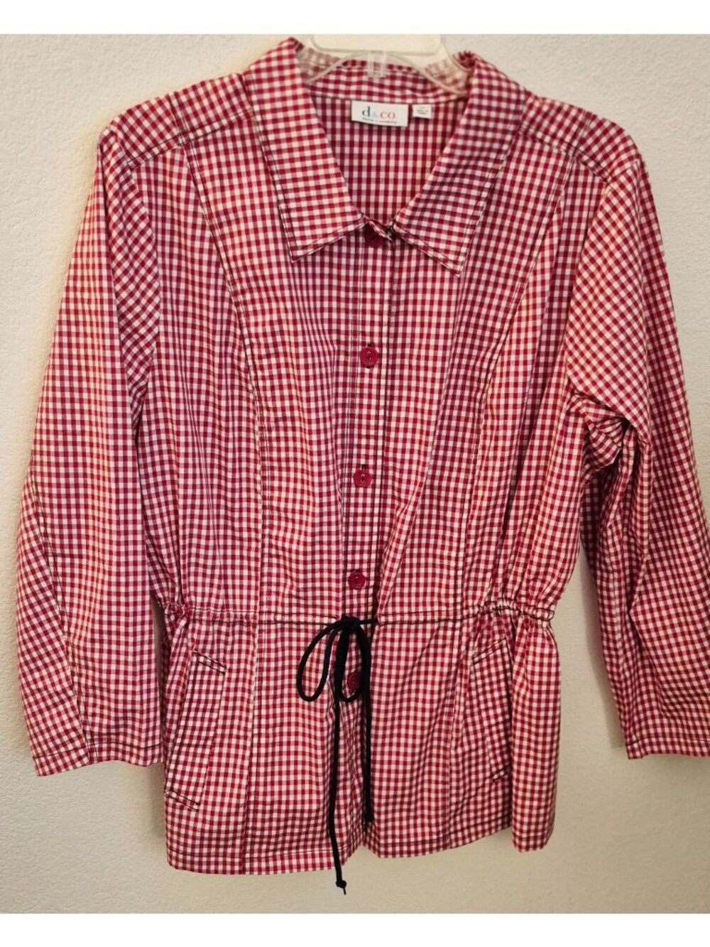 Denim & Co Red /White Gingham Cotton Blend Long Sleeve Shirt Jacket Tunic 2X EUC